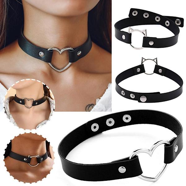 PU Læder Choker Halskæde Justerbar Hjertekæde Halsbånd Fik BlackC Circle