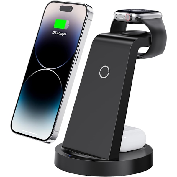 3-i-1 Laddningsstation för iPhone, Trådlös Laddare för iPhone 15 14 13 12 11 X Pro Max & Apple Watch - Trådlös Laddningsstation för AirPods 3 Pro