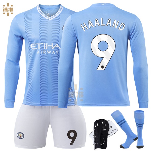 23-24 Manchester City hemmatröja med långa ärmar nr 9 Haaland 17 De Bruyne 10 Grealish fotbollsuniform korrekt tröja No. 17 with socks XL