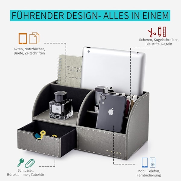 Elegant 5-fags skrivebordsarrangør penneholder inklusive æske læder multifunktionel kontor mobiltelefonarrangør fjernbetjening Dark Grey
