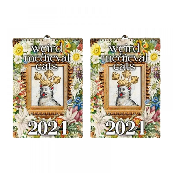 Konstig medeltida katter kalender 2024, med roliga månatliga kattbilder - Slank design 2024 väggplanerare - Kattkalender - Roliga julklappar 2 pcs