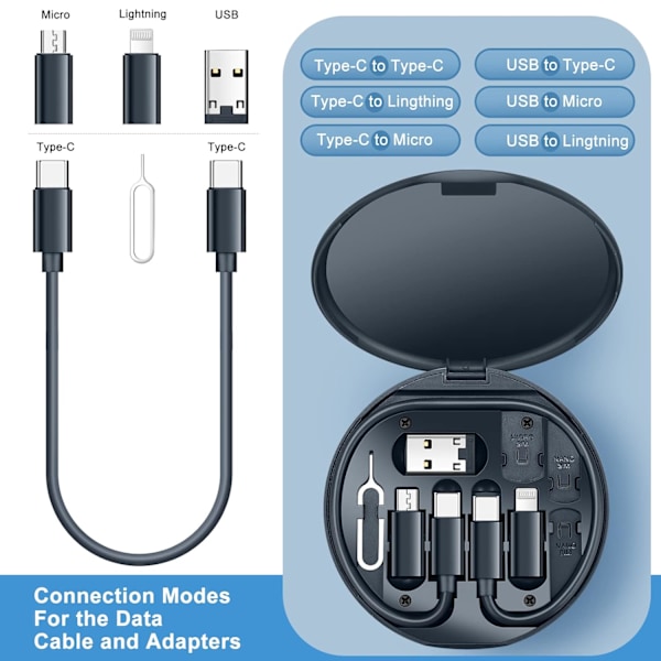 Monitoiminen latauskaapeliadapterisetti, USB C - Micro USB/Lightning/USB A -kaapelimuunninadapterisetti, jota voidaan käyttää puhelintelineenä - Sininen