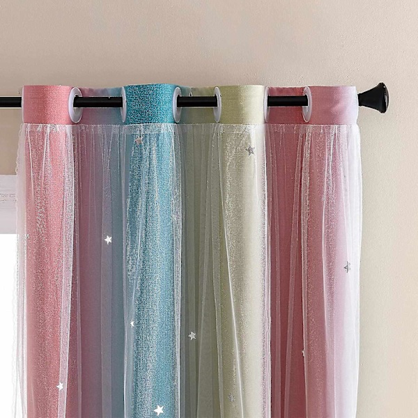 Stjärnformade Mörkläggningsgardiner för Barnrum Flickrum Prinsessgardin (Rosa Blå, B99 X H201 cm Paneler)
