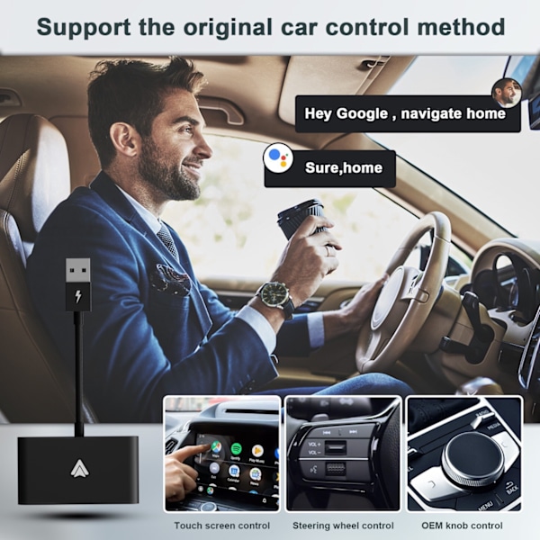 Langaton Android Auto -auton sovitin, 2024 päivitys Helppo Plug & Play -dongle, muuntaa langallisen CarPlayn langattomaksi