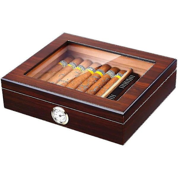 Handgjord cigarrhumidor, cigarrlåda i cederträ med luftfuktare och hygrometer, glaslock