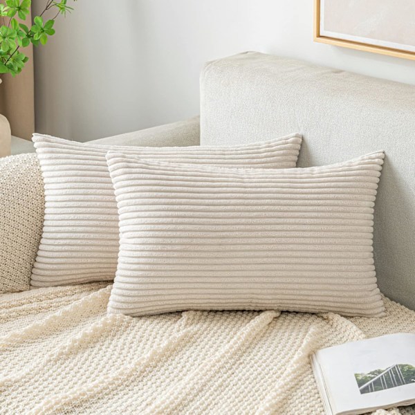 Kuddfodral i corduroy, avlångt, dekorativt kuddfodral, randigt, mjukt, bluff hem för soffa sovrum 30X50cm White