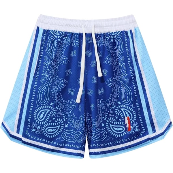 EMON Herre Basket Shorts Trening Atletisk Paisley Shorts Mesh Løpebukser Blå X-Large