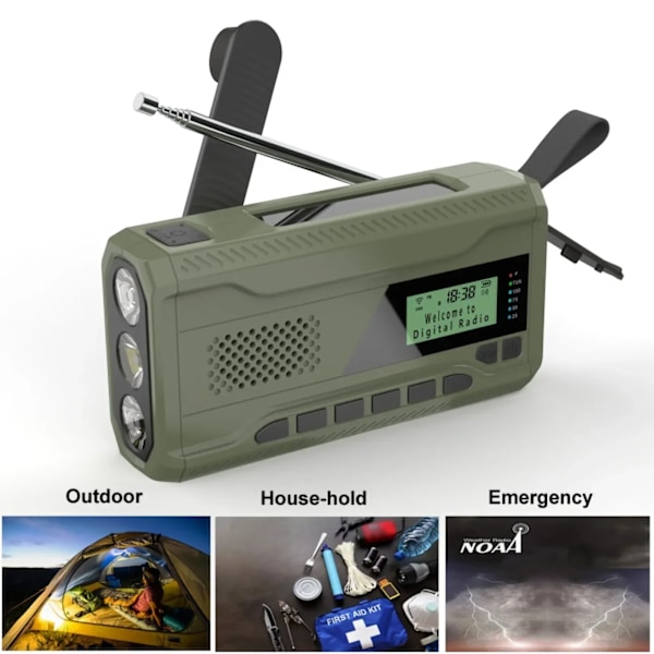 NOAA/DAB/FM Radio Nödradio Bärbar Solradiomottagare Handvev Dynamo Utomhus Bluetooth-högtalare med LED-ficklampa Green