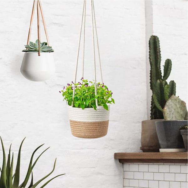 Hängande blomkorg vävd växt mjukt rep växt beige växter för hem rum inredning 14cm kruka och plantering