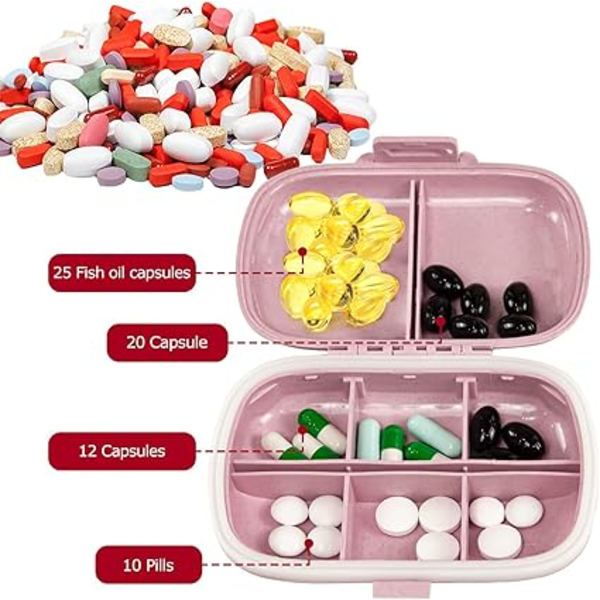 1 x Resepiller Askkopp, 8 Fack, Bärbar Liten Tablettask för Handväska, Mediciner, Vitaminer, Rosa