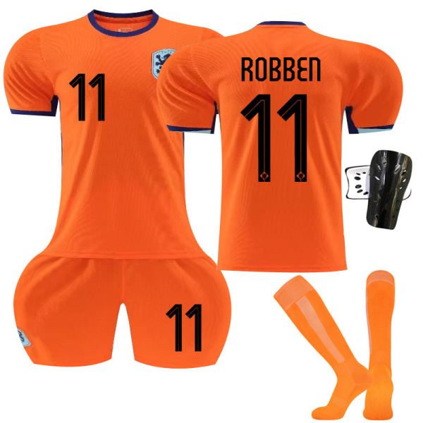 2024 fotbollsdräkter för Europacupen Nederländerna hemma orange nr 4 Van Dijk 11 Robben 10 Depay tröja No. 11 with socks + protective gear #3XL