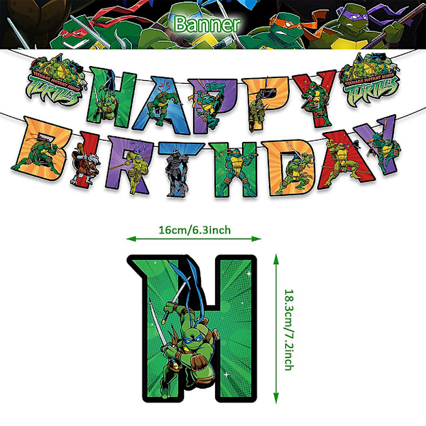 Teenage Mutant Ninja Turtles Temafest Sett Gratulerer Med Dagen Banner Flagg Ballongsett Kake Cupcake Toppers Barnefest Tilbehør