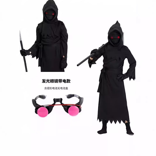 Uusi Halloween-asu lapsille, kuoleman asu, cosplay-lasit valaistuksella L 120-130CM