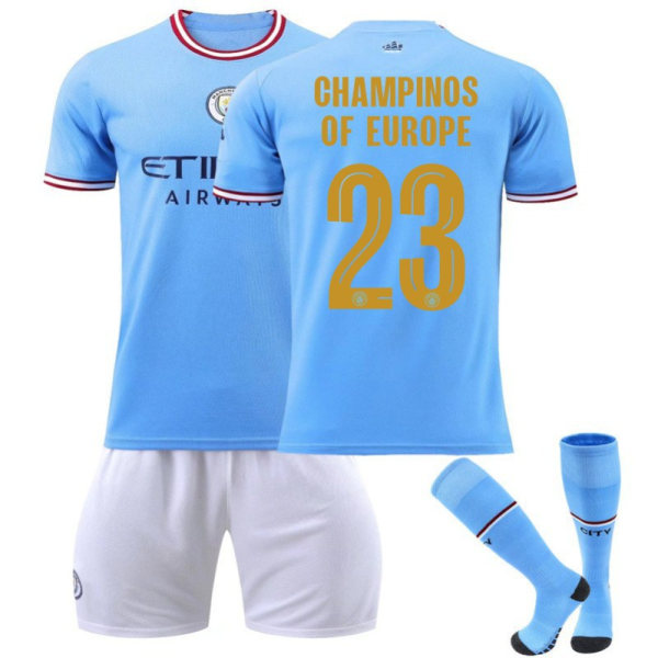 2023-24 Manchester City Championship Commemorative Edition Ny Font Guld Nr. 23 CHAMPIONS Sæt Hjemme- og Udebanetrøje 2223 home number 23 socks 16 yards