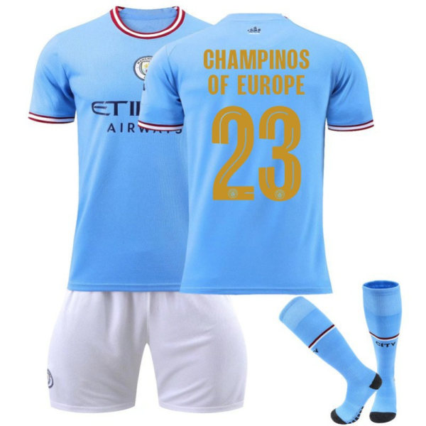 2023-24 Manchester City Championship Commemorative Edition Ny Font Guld Nr. 23 CHAMPIONS Sæt Hjemme- og Udebanetrøje Green No. 23 belt + protective gear S