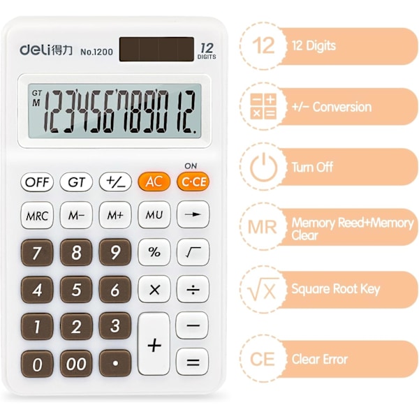 Standard Funktionel Basisregnemaskine, 12-cifret Skrivebordsregnemaskine med Stor LCD-skærm, Solcelle-Batteri Dobbelt Strøm Kontorregnemaskine, Hvid