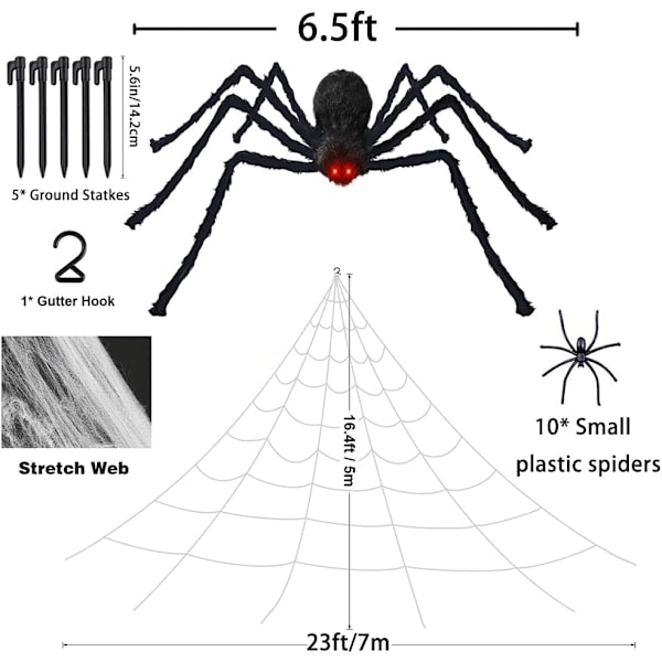 Halloween-edderkopp, 200 cm gigantisk edderkopp, Halloween-utendørsdekorasjon med 7 m trekantet nett, 20 g utvidbart edderkoppnett, 10 plast edderkopper, skrekk