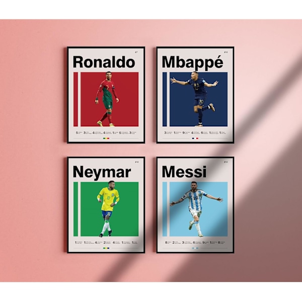 Jalkapallojulisteet Kangasprintit Kehystämättömät 4 kpl:n setti - Messi, Ronaldo, Mbape ja Neymar Kuuluisat jalkapallotähdet Juliste Urheilukoriste Seinätaide