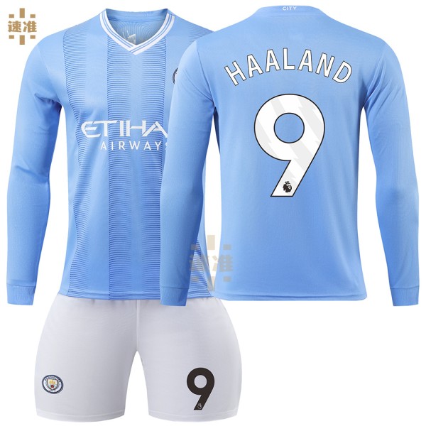 23-24 Manchester City hemma långärmad nr 9 Haaland 17 De Bruyne 10 Grealish fotbollsuniform korrekt tröja No.9 Children's size 26
