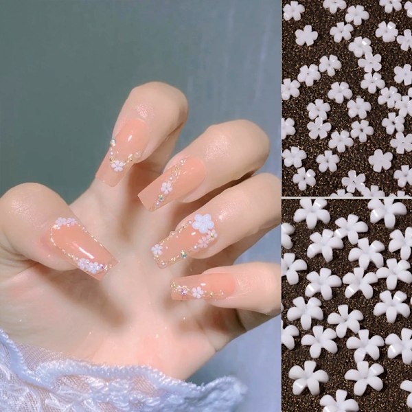 Betterlifefg-100 Nail Art Liten Vit Blomma Vit Fem Kronblad Blomma 3D Harts Dekoration, 4mm Sunmostar