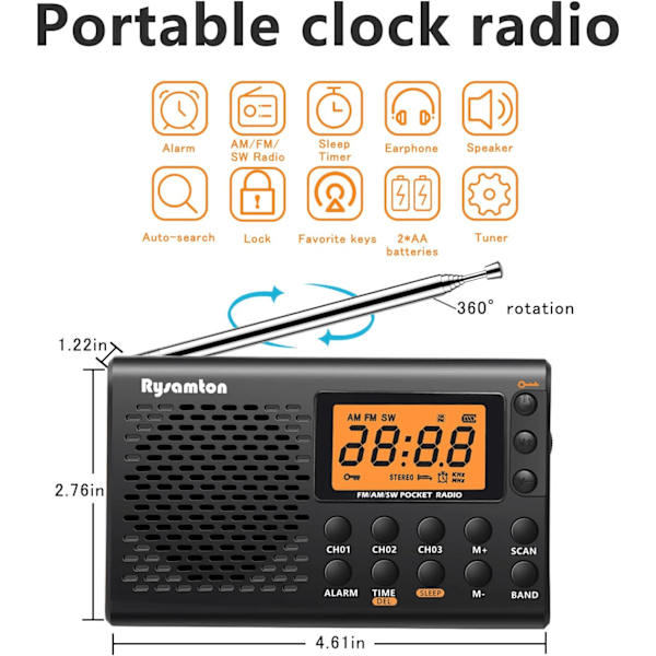 (Svart) AM/FM/Kortvågs Bärbar Radio, Batteridriven Fickradio, Stor Digital Display, Väckarradio med Alarm och