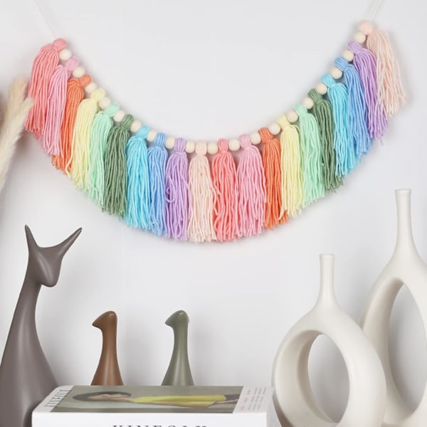 Pastellinen sateenkaari tupsu-koriste - Boho-tyyläinen tupsu-koriste puuhelmillä - Seinäkoriste opiskelijahuoneisiin, tyttöjen huoneisiin ja lastenhuoneisiin