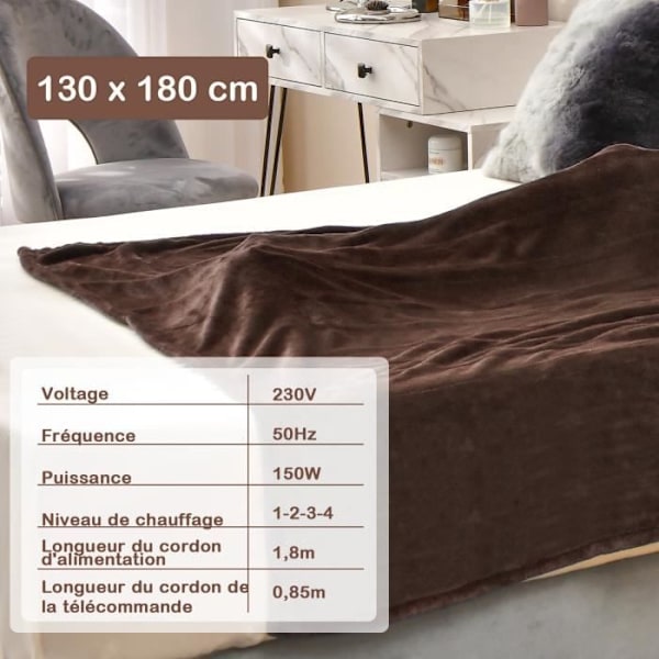 COSTWAY Varme tæppe 130x180cm 4 varmeniveauer Automatisk slukning 8H Fjernbetjening Timer i vaskbar flannel kaffe