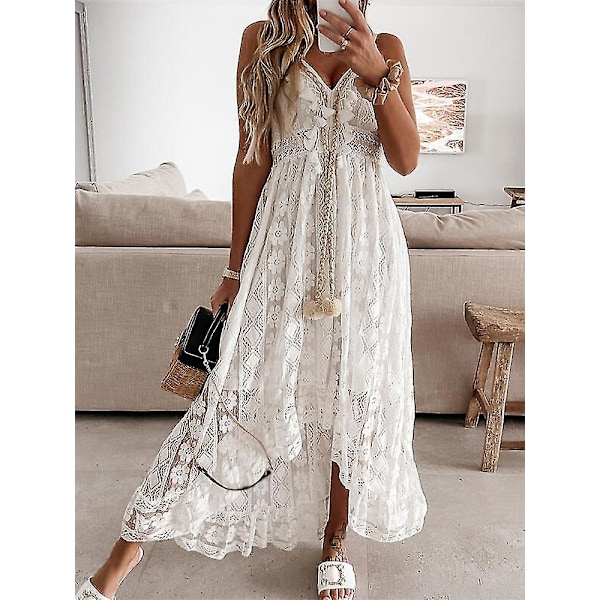 Sommer Boho Lange Kjoler Dame Blonder V-hals Spaghettistropp Kjole Damer Off Shoulder Strand Sommerkjole Hvit Kjole Vestidos De Mujer LXDS18 Hvit LXDS18 White S