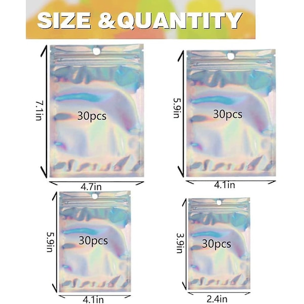 Folie Ziplock-poser, 120 stk Acsergery Holografiske emballasjeposer Gjenlukkbare luktfrie gaveposer