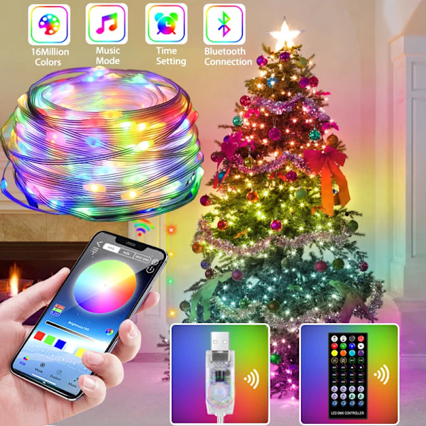 2M LED Bluetooth Fjernkontroll USB Garland Lampe RGB Julelys