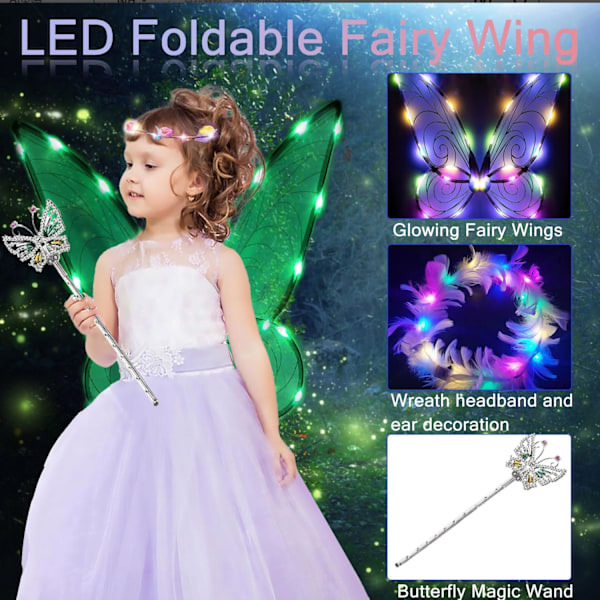 Glitrende fevinger til voksne, LED-pandebånd og tryllestave til børnefester Dragonfly green Dragonfly green
