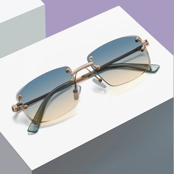 HBK blue rectangular sunglasses rimless men metal fashion square sun glasses for women gradient lens frameless 2024 uv400