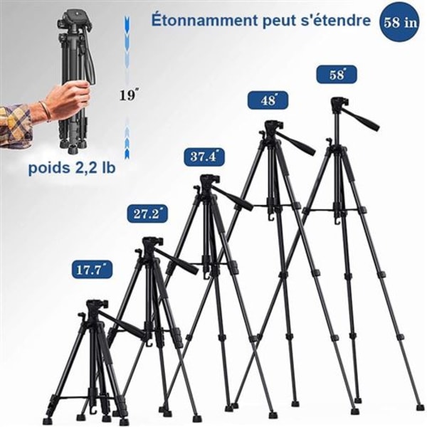 Kamerastativ 1,47 m för mobiltelefon / 5 kg kamera, 360 ° svängning