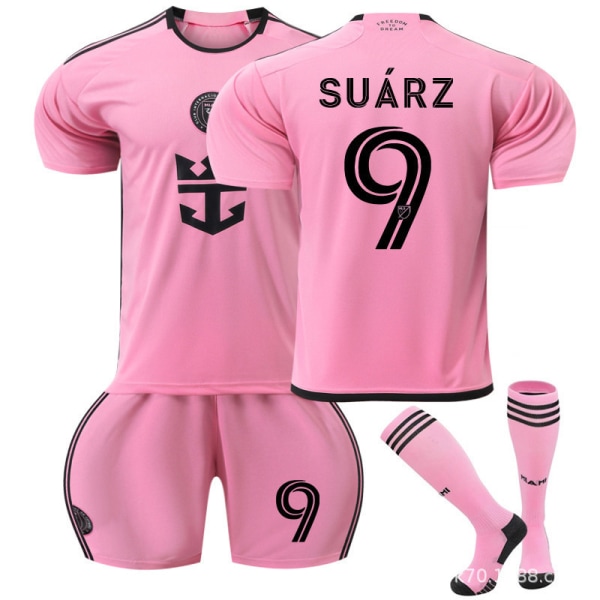24-25 New Miami hemma och borta rosa nr 10 Messi fotbollströja set 9 Suarez tröja med strumpor 24/25 Miami Pink No. 9 + Socks 28
