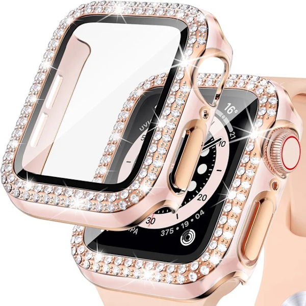 Bling Glass+ deksel for Apple Watch Case 45mm 41mm 40mm 44mm 42mm 38mm Diamant støtfanger+skjermbeskytter iwatch serie 7 9 8 5 6 SE B rosa B pink rose 44mm Series 654 SE