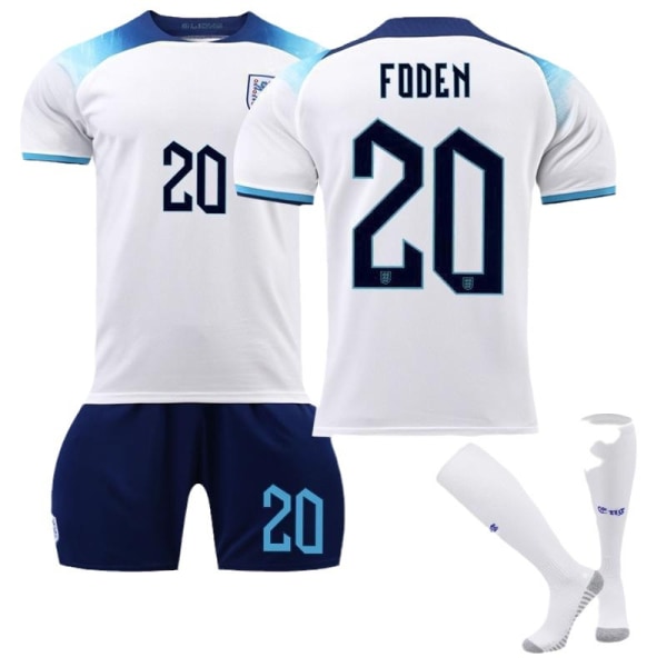 2022 England VM-trøje nr. 9 Kane 10 Sterling 19 Mount 20 Foden Børnefodboldtrøje Size 20 with socks #26