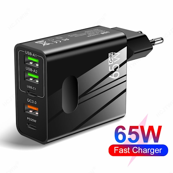 PD65W Hurtiglading Mobiltelefonlader-5V4A Europeisk og Amerikansk Standard PD+3USB Multi-Port Adapter
