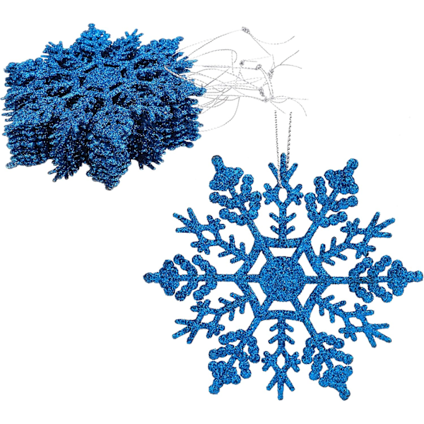 Christmas Concept Set of 12 10cm Sparkling Snowflake Hanging Ornaments - Christmas Decorations (Royal Blue)