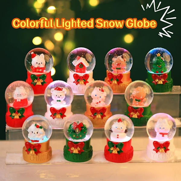 12 st julsnöbollar i blindbox-set, julöverraskningsboxar, mini-snöboll med färgväxlande LED-lampor, söta juldekorationer