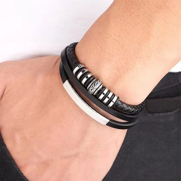 Multilags flettet ægte læderarmbånd til mænd - Sort læderarmbånd til mænd - Bedste farsdagsgaver