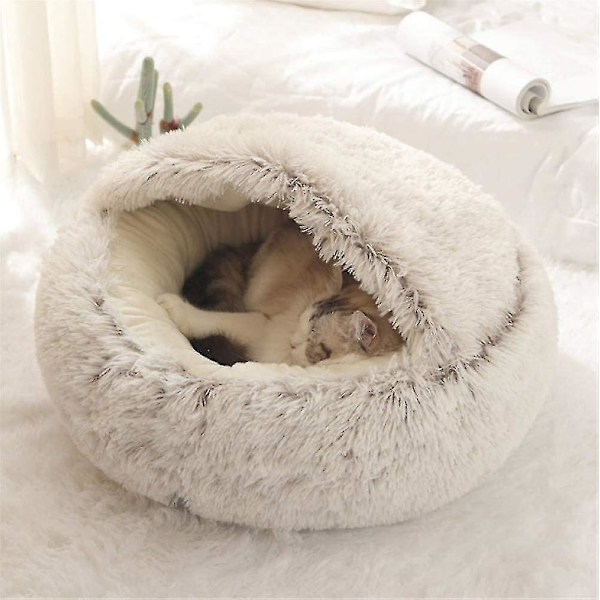 Fluffy Cat Bed, Round, Soft Plush, Den with Hood, Cat Bed, for Winter, Warm, Sleeping Pad, Non-Slip, Machine Washable, for Cats and Puppies