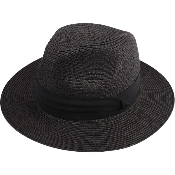 Dames Straw Panama Hat Fedora Strandhatt Solhatt Bredbremmet Straw Rullbar Hatt UPF 50+ Fedora Svart Fedora Black One Size