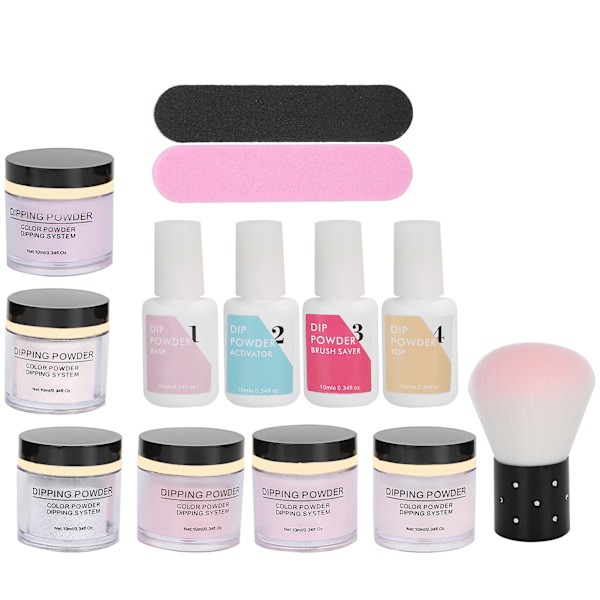 Nail Dipping Powder Set, 6 Colors, Top Coat, Base Coat, Gel, Dust Brush, Manicure Tool, K1214