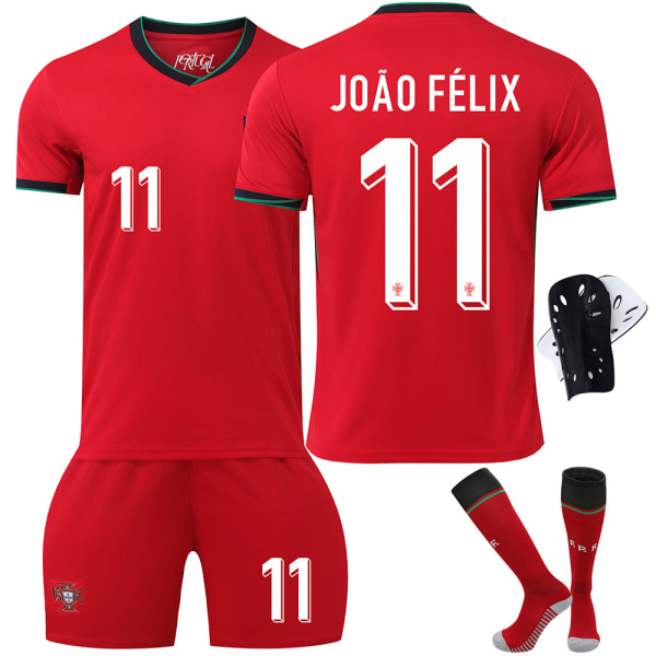 2024 Portugal fodboldtrøje nr. 7 Ronaldo 8 B Fee 11 Phillips EM børnesæt korrekt version No. 11 socks + protective gear XXL