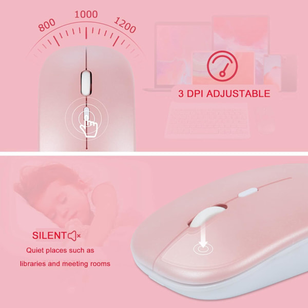 Langaton näppäimistö ja hiiri - Ladattava ohut Bluetooth-näppäimistö ja hiirisetti, hiljainen Bluetooth-hiiri, langaton näppäimistö yhteensopiva PINK