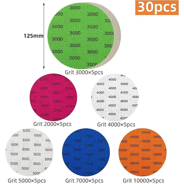 30 stk Sandpapir Skives 125mm Korn 2000/3000/4000/5000/7000/