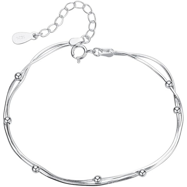 Armbånd til kvinder, i 925 sterlingsølv, dobbeltkæde med perler, justerbar op til 19 cm, 19 centimeter, Sterlingsølv