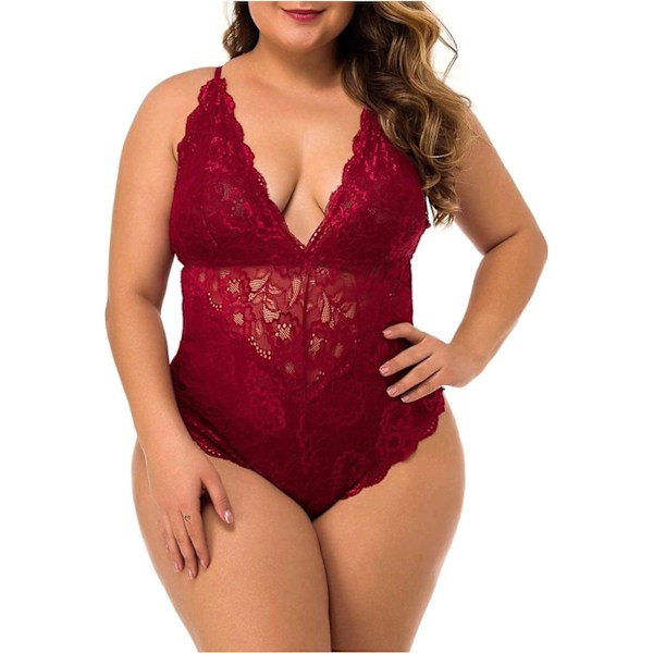 ALAKA Women's Plus Size Lace Bodysuit Teddy Lingerie One Piece Babydoll Clubwear S-XXXXL Wine 4X-Large