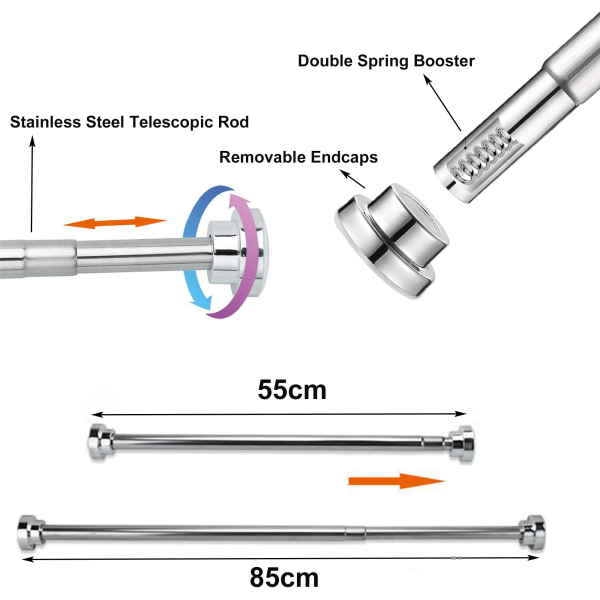 Udtrækkelig bruseforhængsstang 55-85cm, bruseforhængsstang i rustfrit stål, gardinstang uden boring, justerbar bruseforhængsstang, 1 stk.