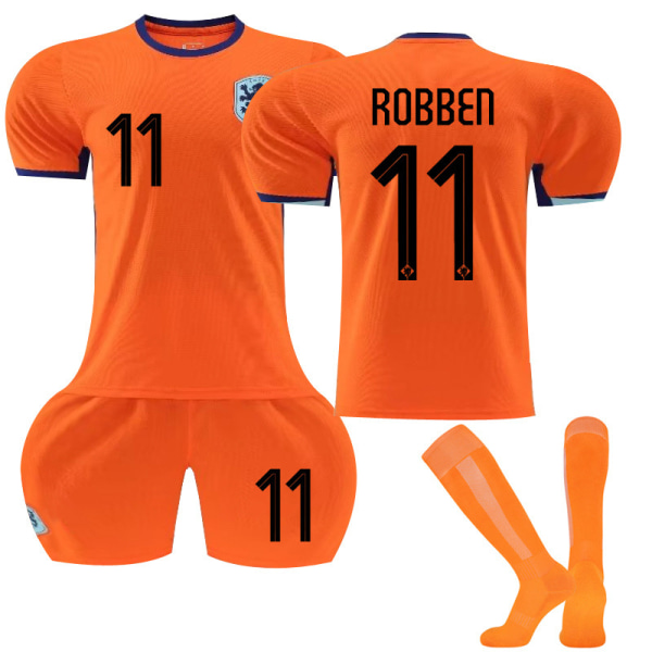 2024 Europacup fotbollströja set Nederländerna hem orange nr 4 Van Dijk 11 Robben 10 Depay tröja No. 11 with socks + protective gear #XS